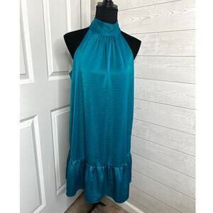LOFT Petites Teal Satin Halter Neck Sleeveless Flounce Dress - Size Large petite